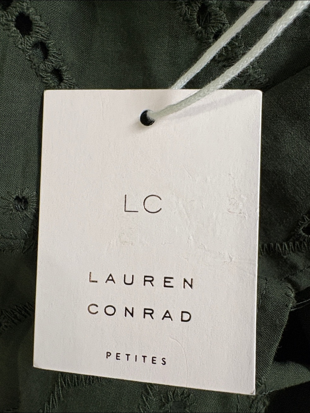 LC Lauren Conrad Petites Eyelet Mini Dress Puff Sleeve Olive Green Size PM NWT - Picture 7 of 7